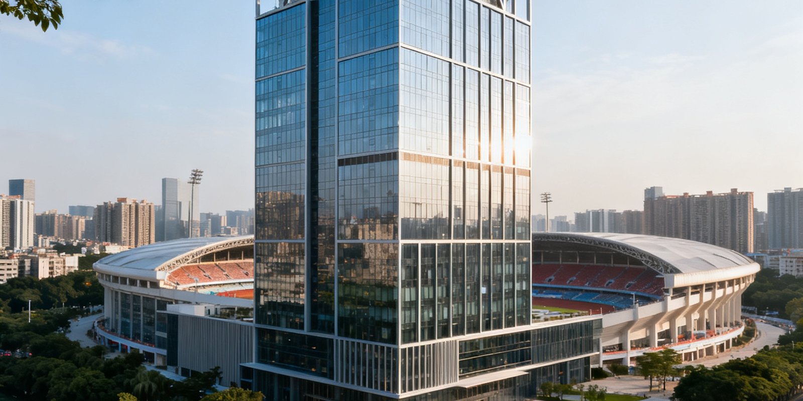 6686体育总部办公室位于广州天河体育中心内，现代化办公楼外观，周边绿树成荫，交通便利。