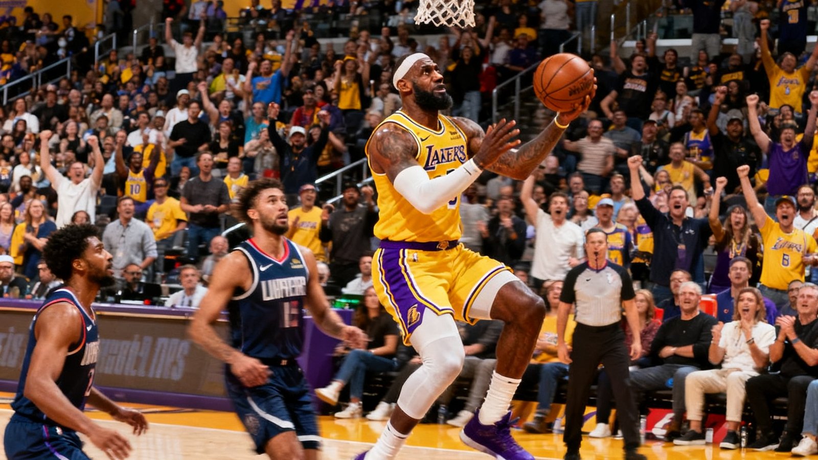 NBA常规赛洛杉矶湖人主场，勒布朗·詹姆斯持球突破防守球员上篮得分，斯台普斯中心观众欢呼。