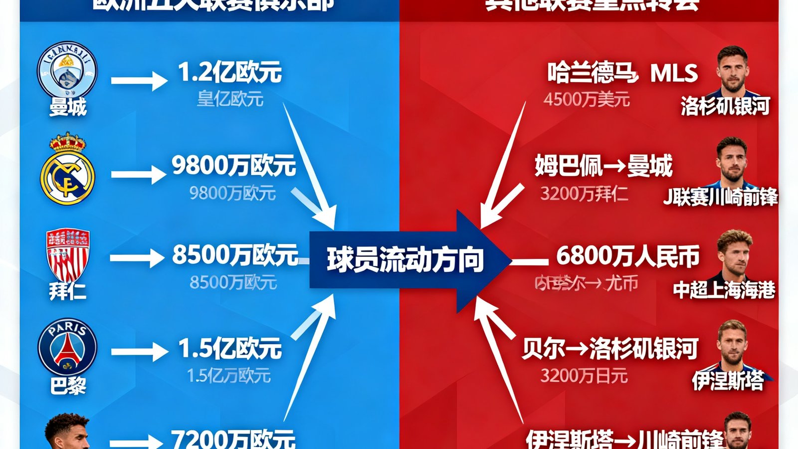 2025年夏季转会窗口即将关闭，各大俱乐部引援动态汇总图，展示转会金额与球员流动方向。