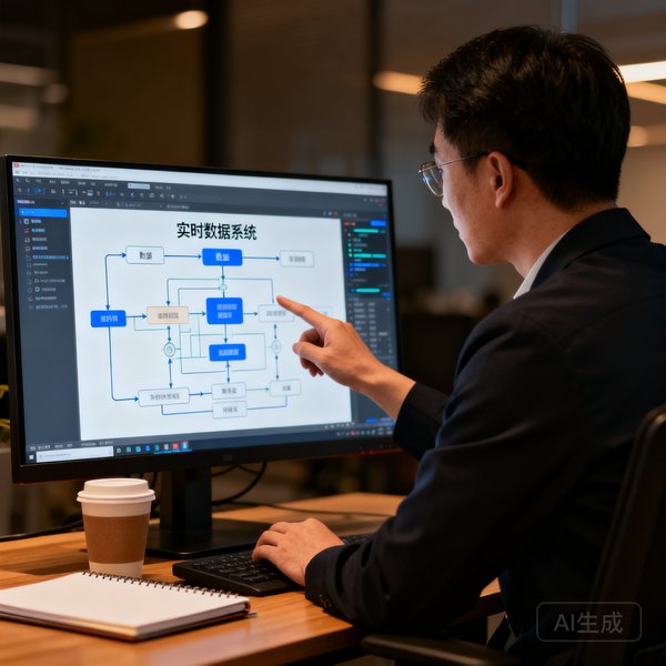 林晓峰，6686体育技术总监，资深算法工程师，在电脑前展示实时数据系统架构图。
